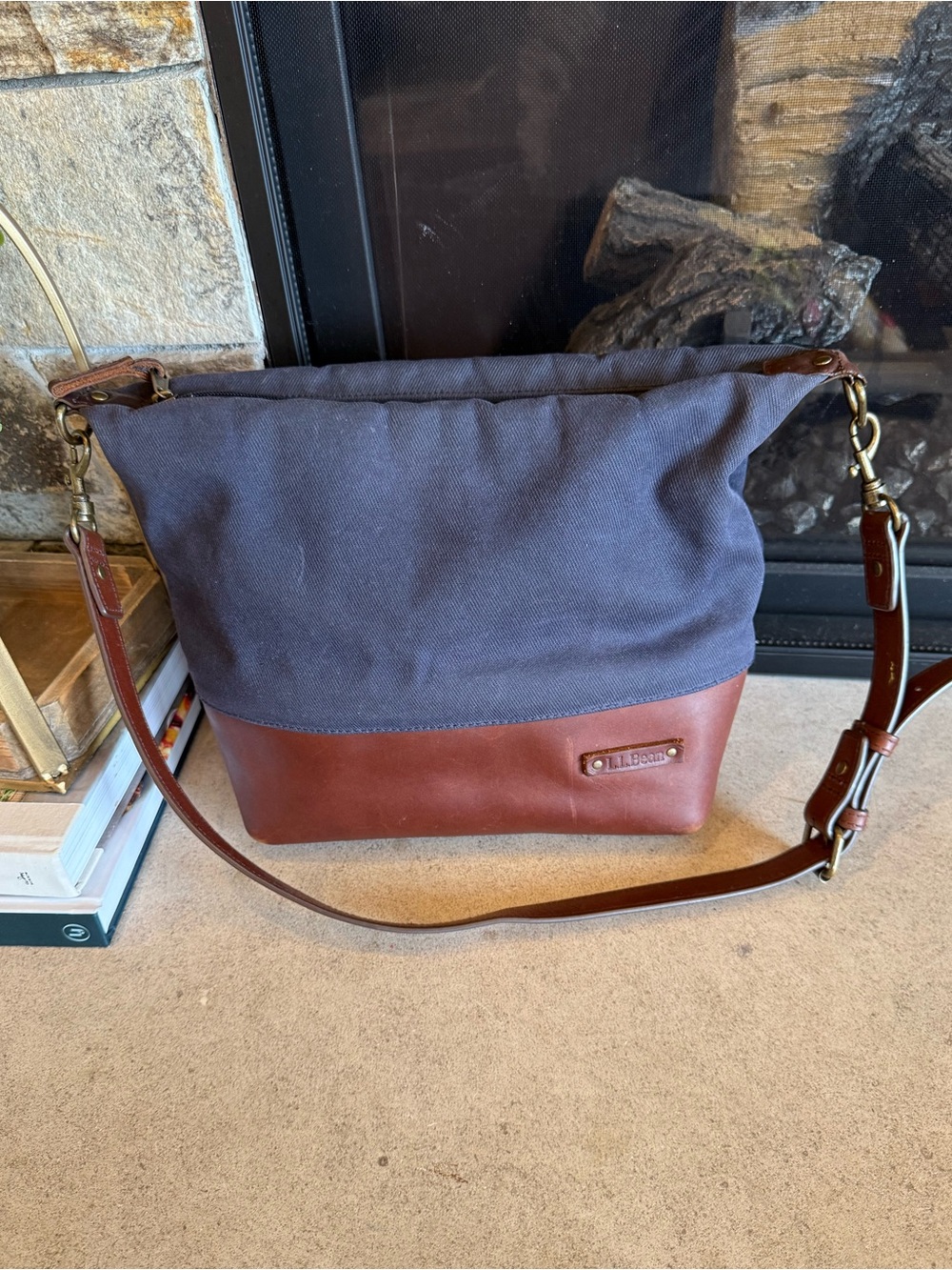 LL Bean Navy Canvas and Brown Leather Shoulder Bag